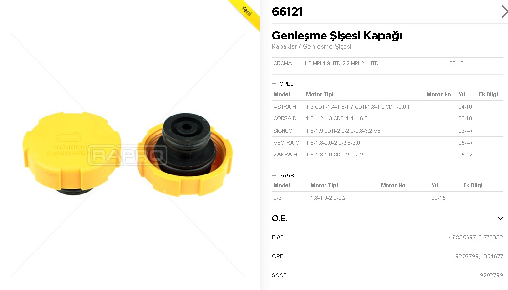 GENLEŞME KAVANOZ KAPAĞI 66121 ASTRA-H CORSA-D VECTRA-C | 1304677