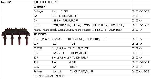 BOBİN 154302 P106 P206 P306 BERLINGO C3 C2 SAXO XSARA (98-)